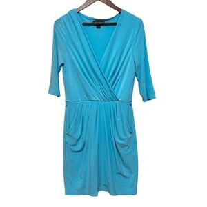 Lauren Ralph Lauren Women Midi Dress 10 Turquoise Faux Wrap Ruched Jersey Career